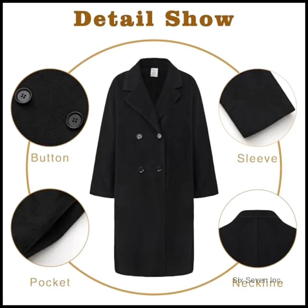 Wool Blend Pea Coat Double Breasted Trench Coat Notched Lapel Jacket - Picture 4 of 7